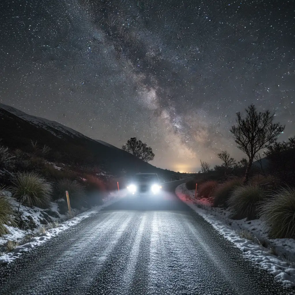 Winter night driving in New Zealand South Island