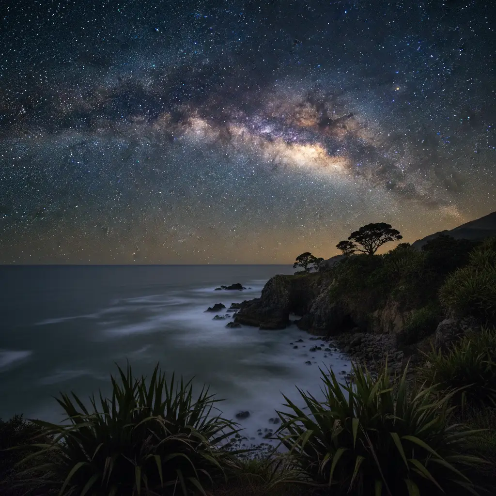 Milky Way galaxy visible over the Great Barrier Island dark sky sanctuary coastline