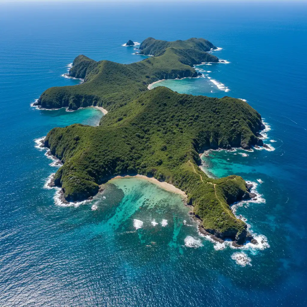 Aerial view of the Poor Knights Islands Marine Reserve
