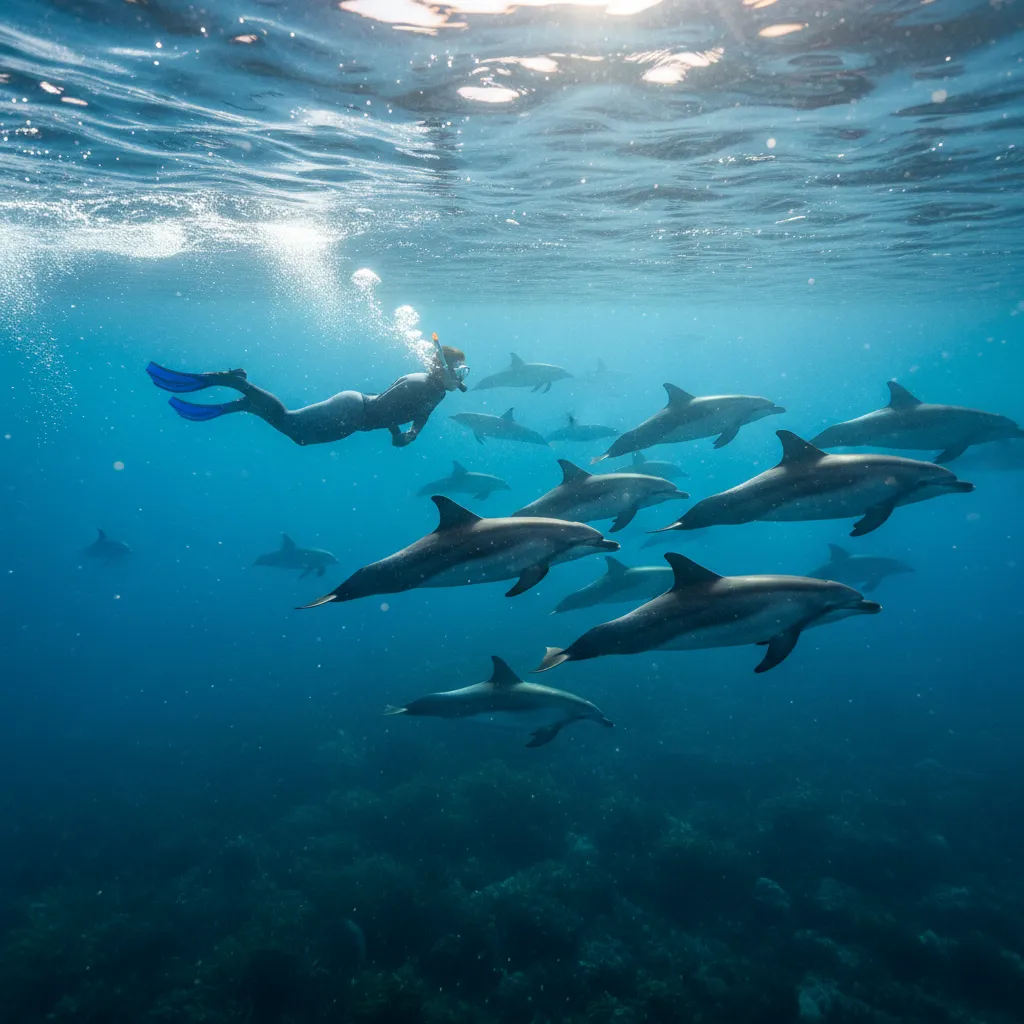 Swimmer interacting with wild Dusky Dolphins in Kaikoura