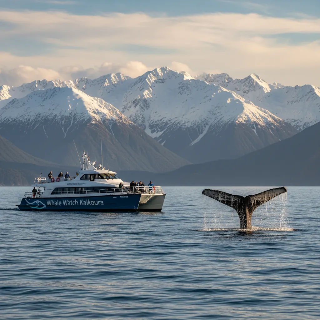 Whale Watch Kaikoura boat near sperm whale tail