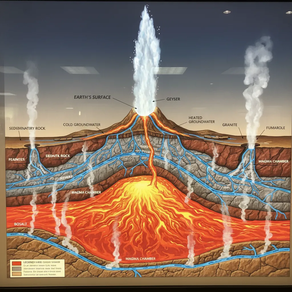 Diagram of geothermal activity showing magma heating groundwater