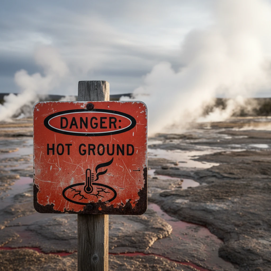 Warning sign indicating hot ground and unstable surfaces
