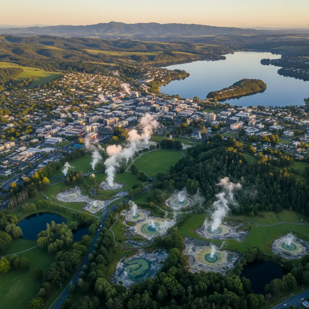 Aerial view of Rotorua geothermal walkways map landscape
