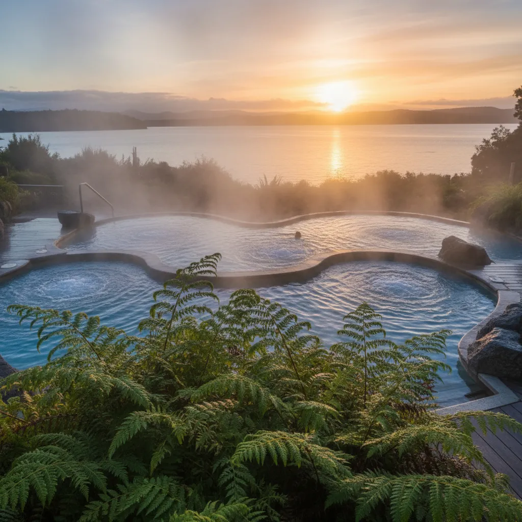 Polynesian Spa Rotorua overlooking the lake with steam rising
