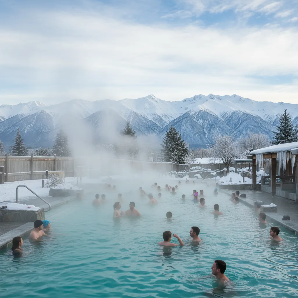 Hanmer Springs Thermal Pools with snow capped mountains