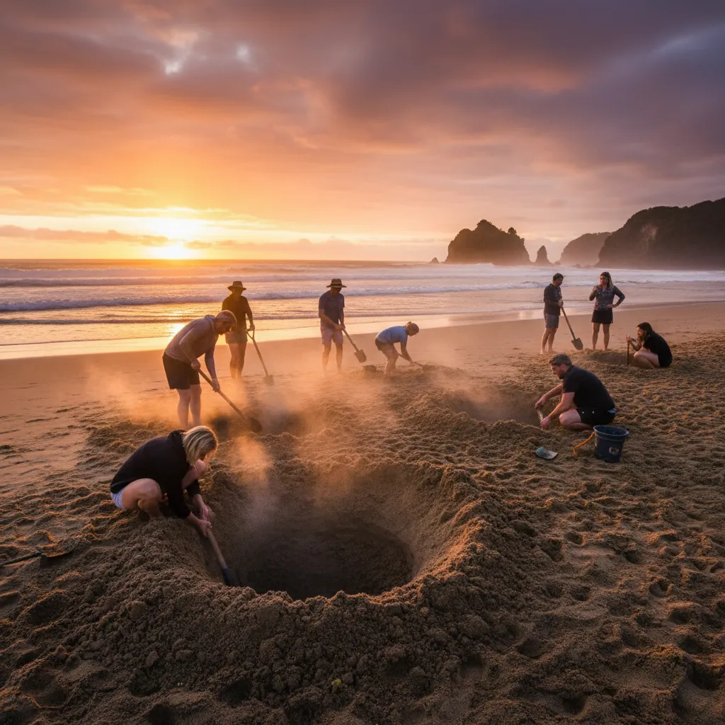 Tourists digging their own hot pools at Hot Water Beach Coromandel